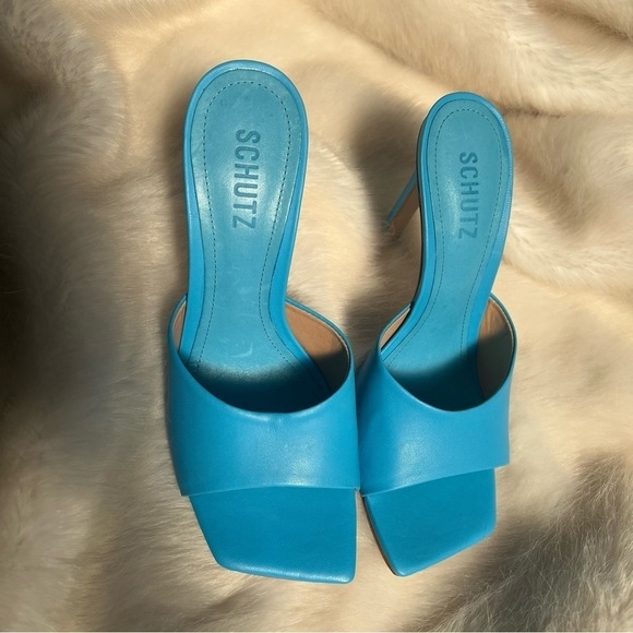 NEW Schutz Azure Blue Sandals Leather Walkable Heels Colorful Comfy Mules - Picture 7 of 10